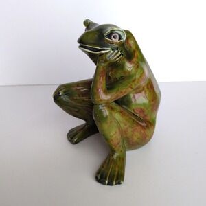 Vtg Arnels Ceramic Thinking Pose Frog Figurine Bling Eyes Special Green Brown 8"